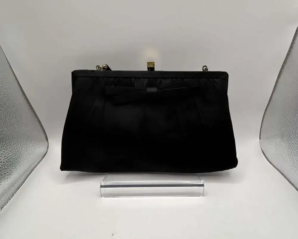 Vintage HL USA Black Satin Evening Clutch Purse with Bow